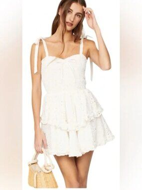 YUMI KIM White Eyelet Smocked Mini RITA Dress Tie Strap Sweetheart Bustier top S